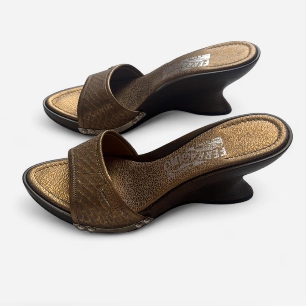 Salvatore Ferragamo Bronze Wedge Sandals